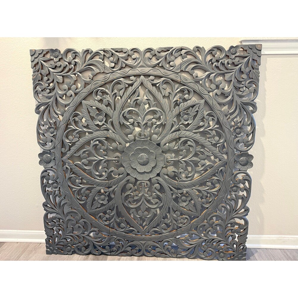 Wall Art 3 Panels Floral Mandala Latticework Design Teak Wood  Handcrafted 48”